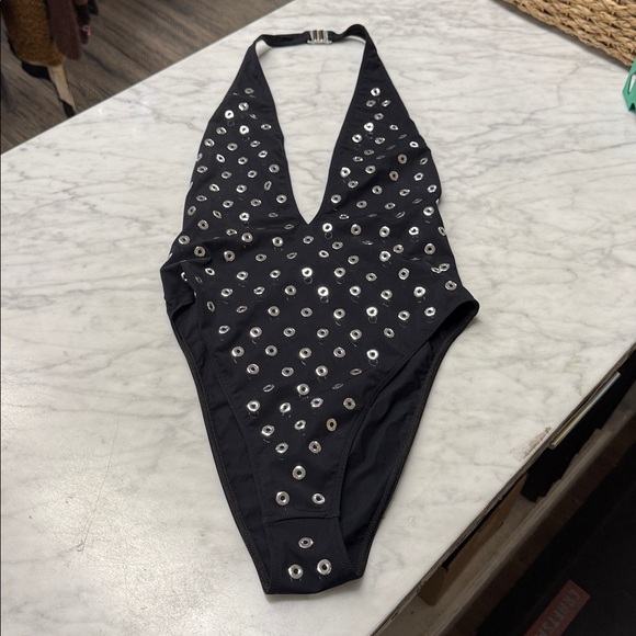 Alaia NWOT Black and Silver Eyelet Deep V One Piece Swimsuit Size 34 - Picture 7 of 12